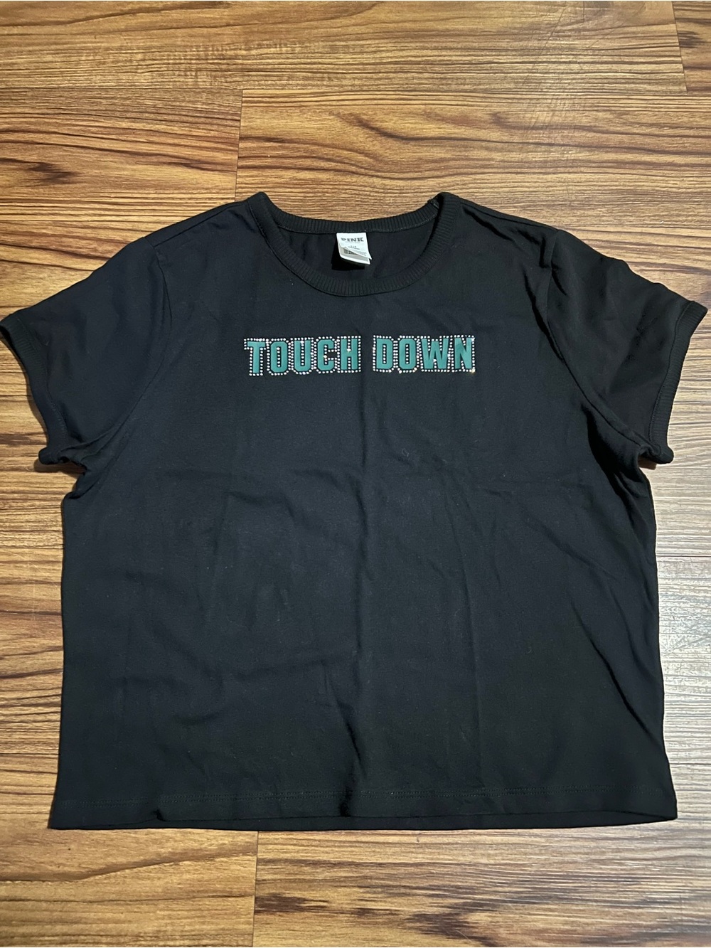 PINK Victoria's Secret Black Short Sleeve Tee with Teal 'TOUCH DOWN' Graphic